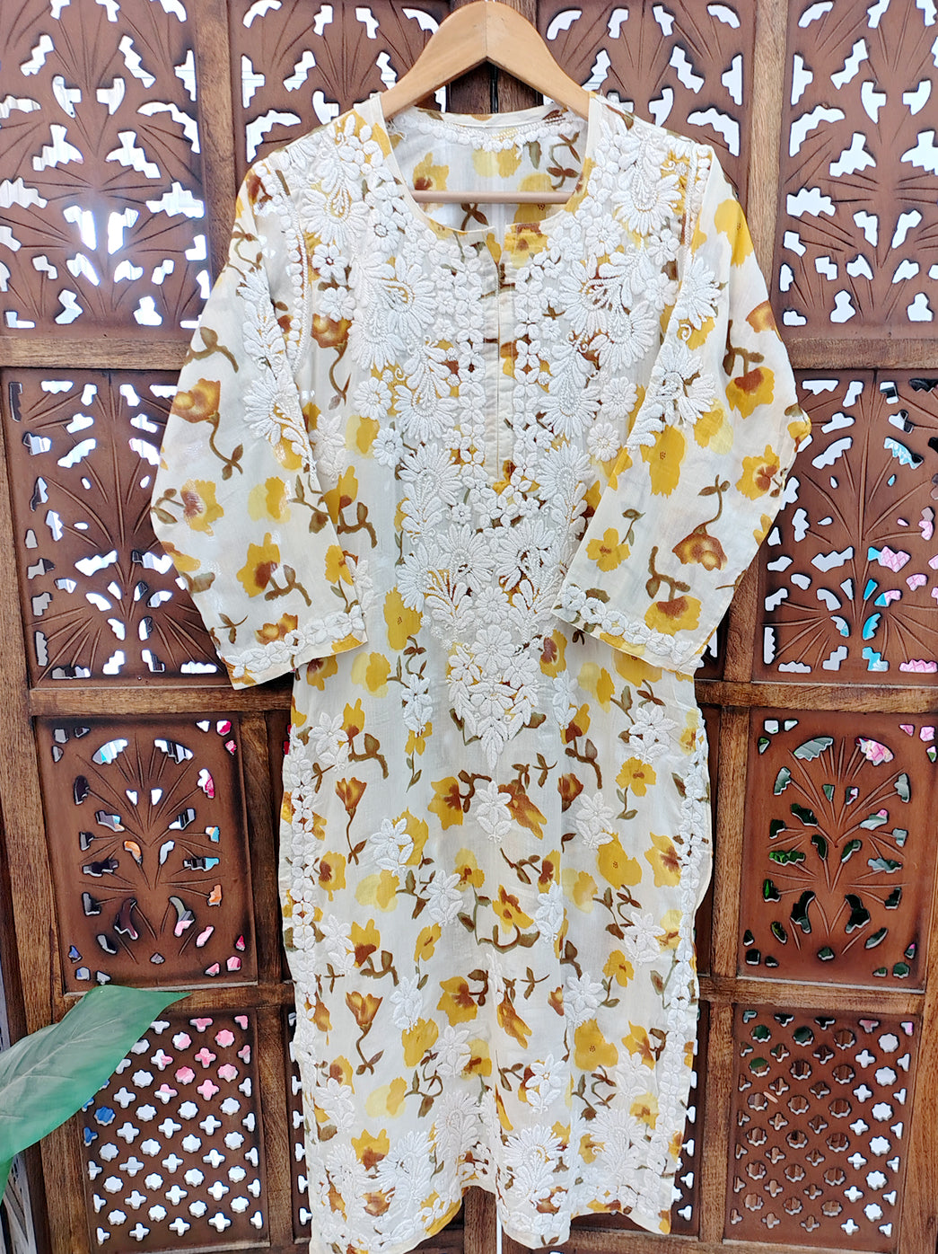 Yellow Mulmul Printed Chikankari Straight Kurti