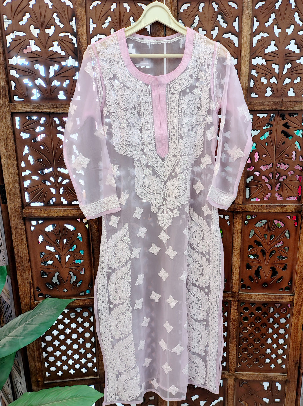 Baby Pink Georgette Chikankari Straight Kurti