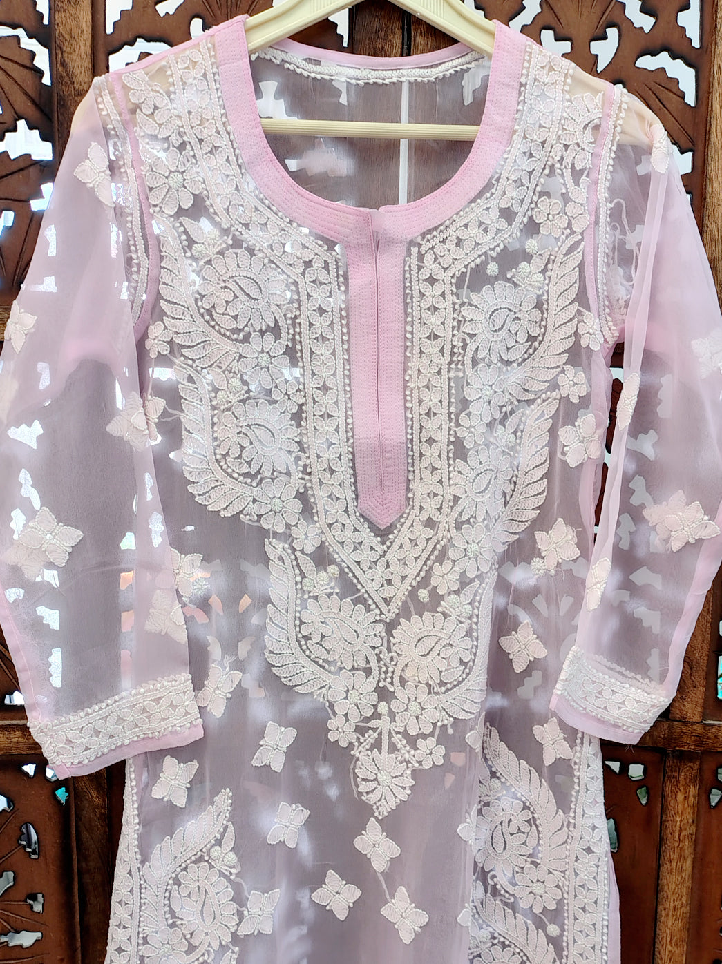 Baby Pink Georgette Chikankari Straight Kurti