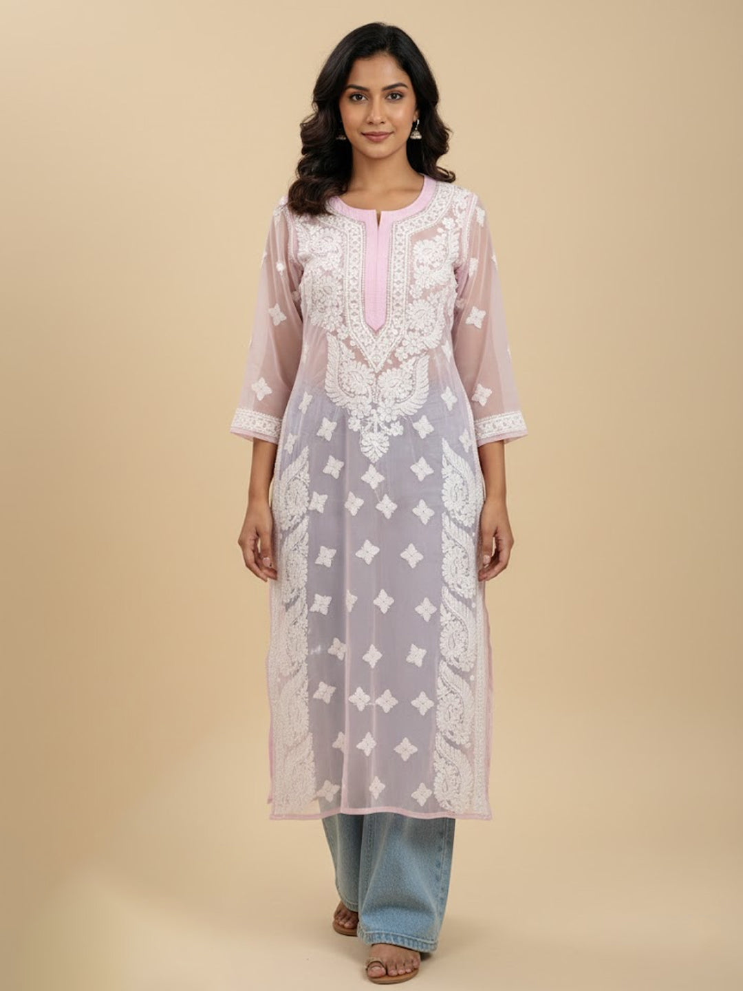 Baby Pink Georgette Chikankari Straight Kurti