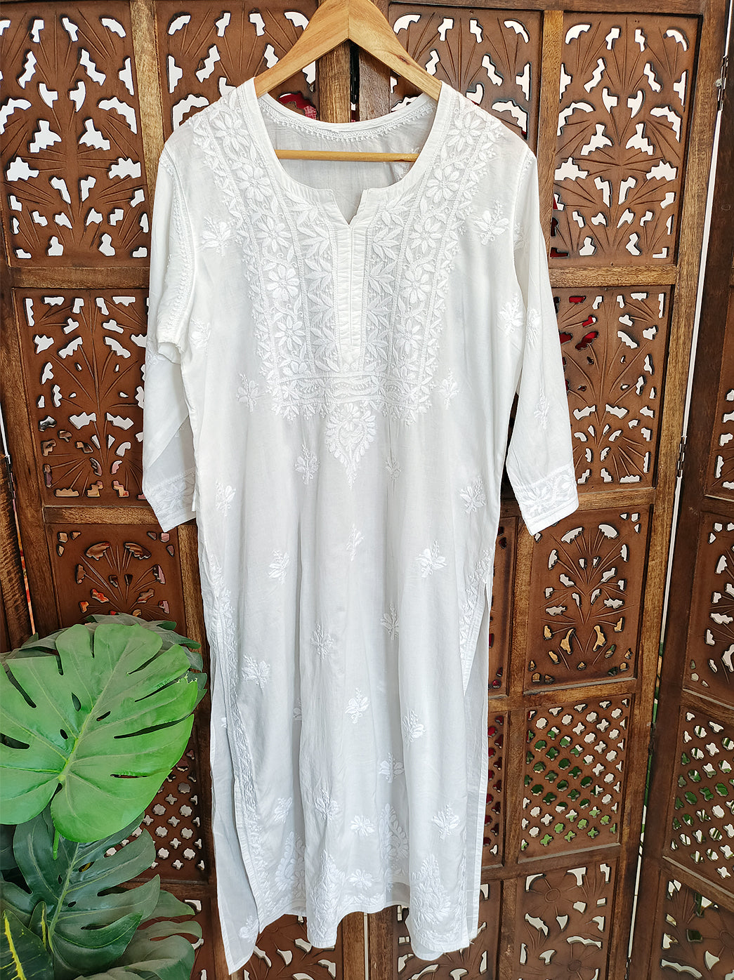 White Cotton Chikankari Straight Kurti