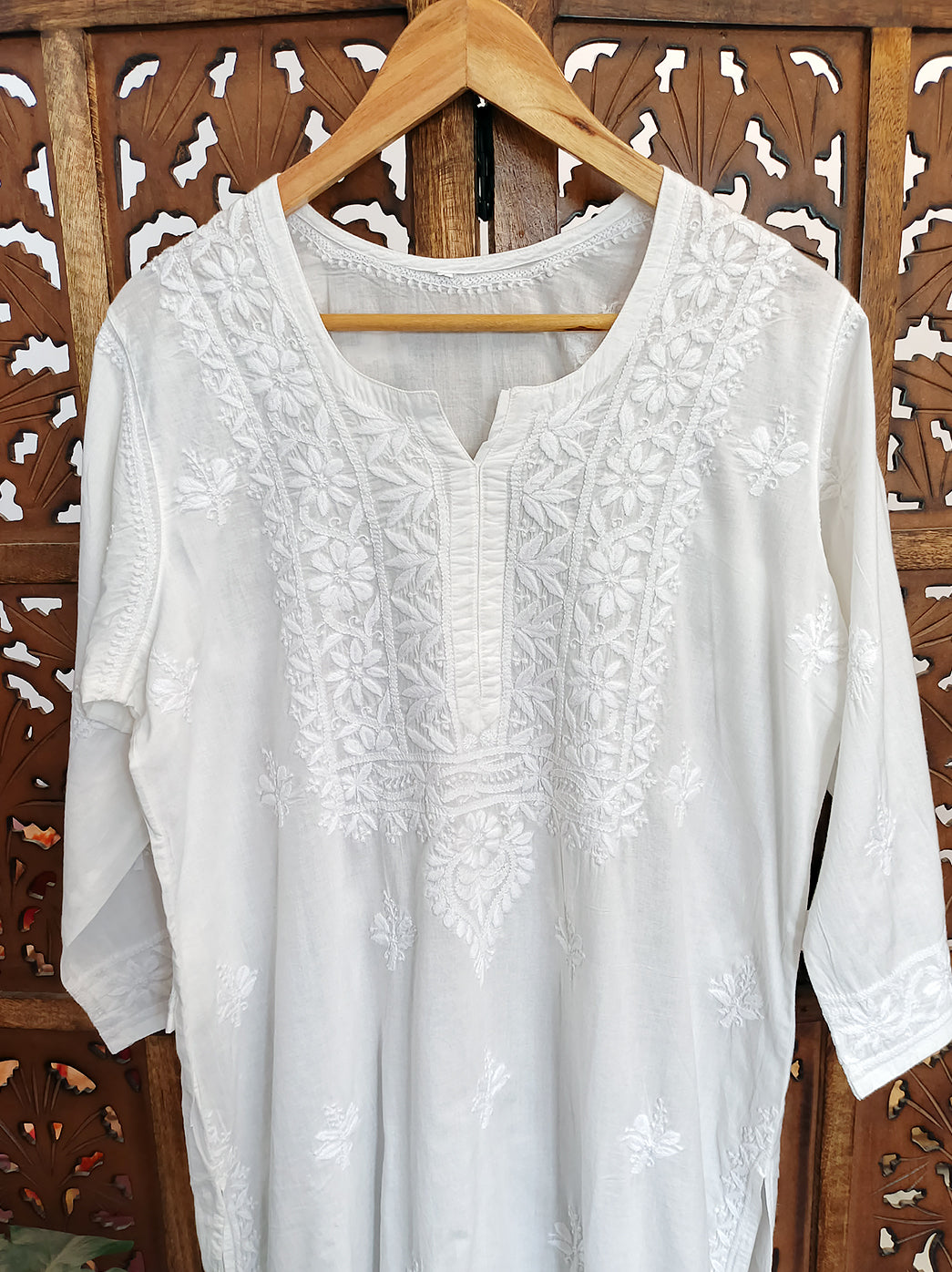 White Cotton Chikankari Straight Kurti