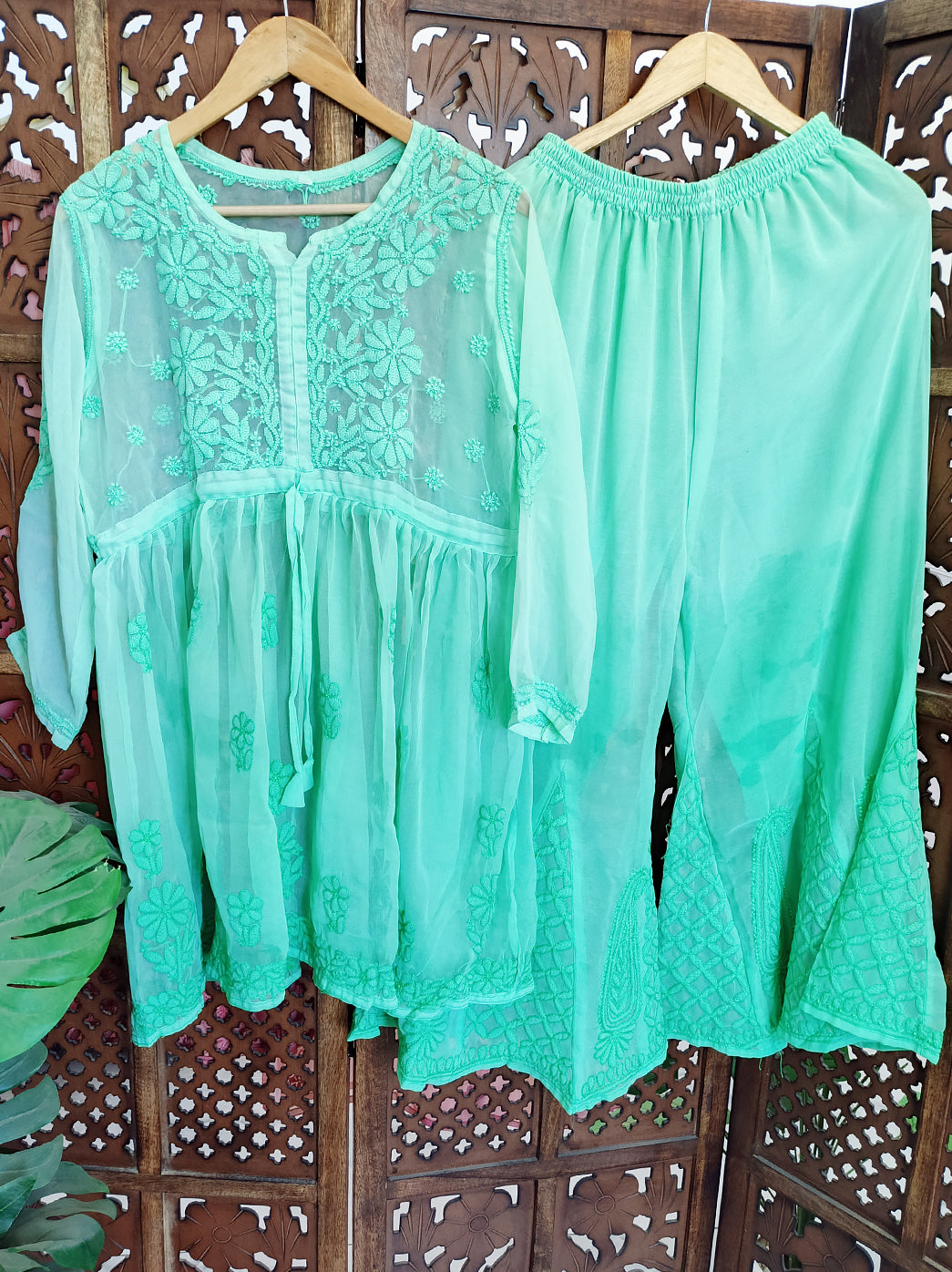 Ombre Sea Green Georgette Chikankari Short Kurta Set