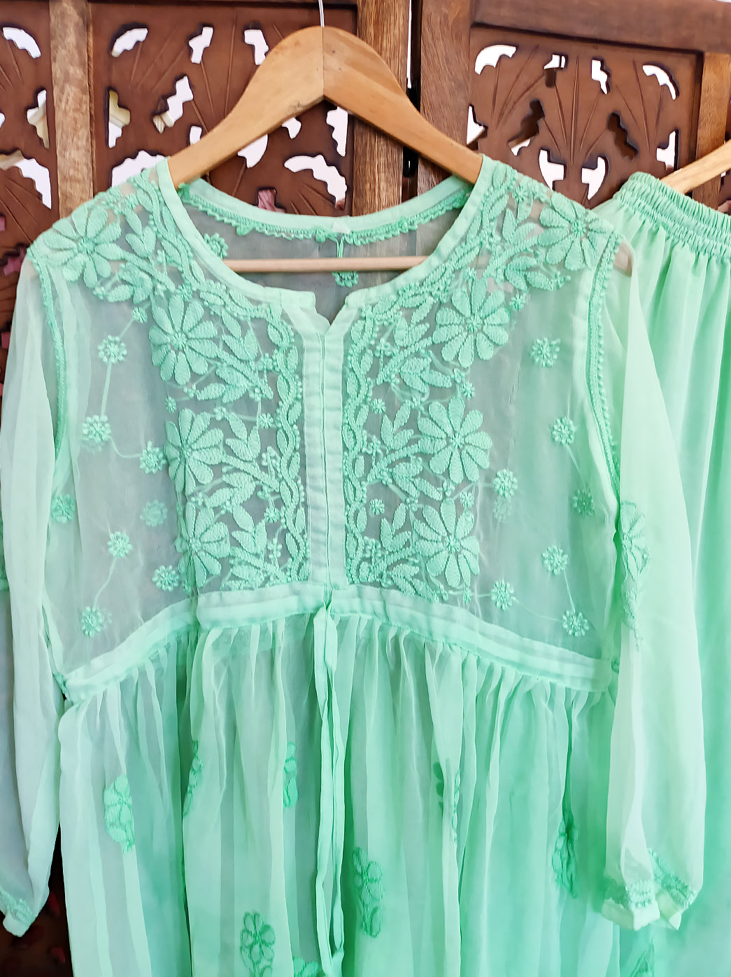 Ombre Sea Green Georgette Chikankari Short Kurta Set
