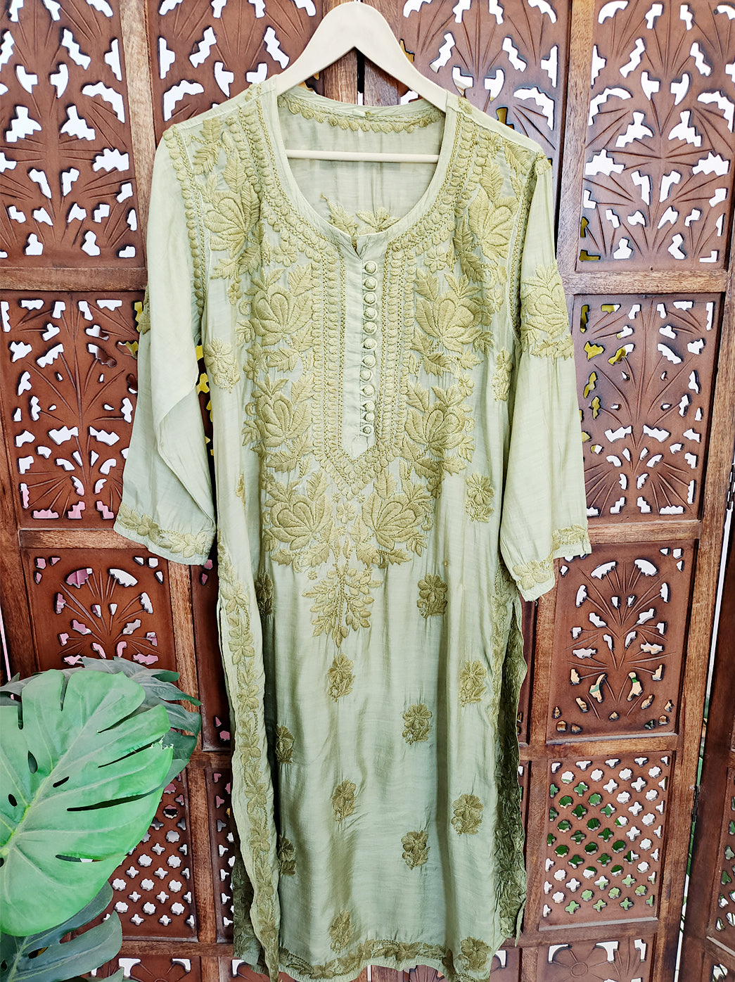 Green Muslin Chikankari Straight Kurti