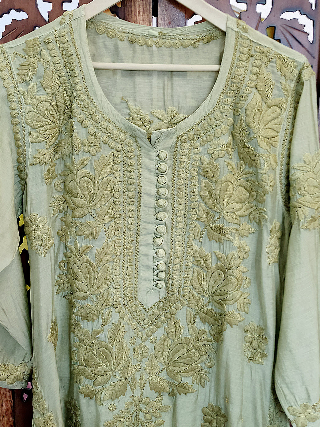 Green Muslin Chikankari Straight Kurti