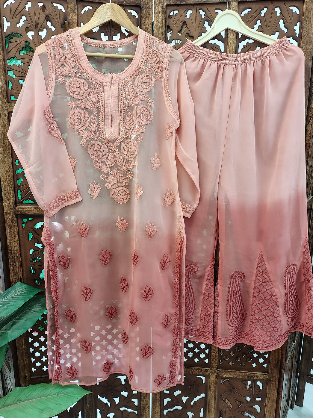 Ombre Choco Georgette Chikankari Straight Kurta Set