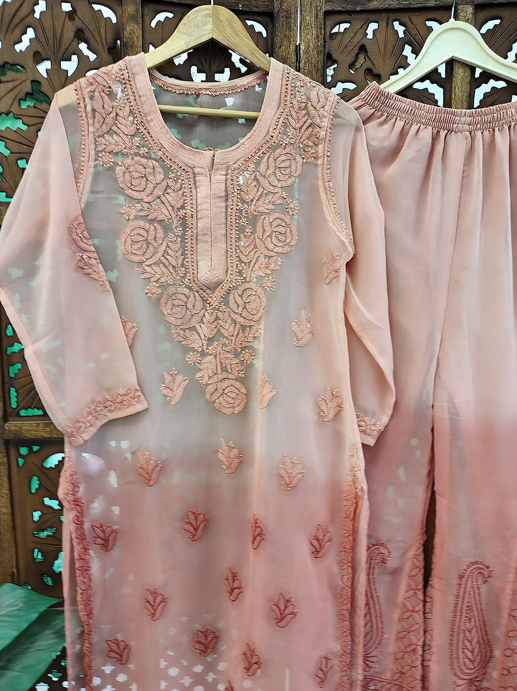 Ombre Choco Georgette Chikankari Straight Kurta Set