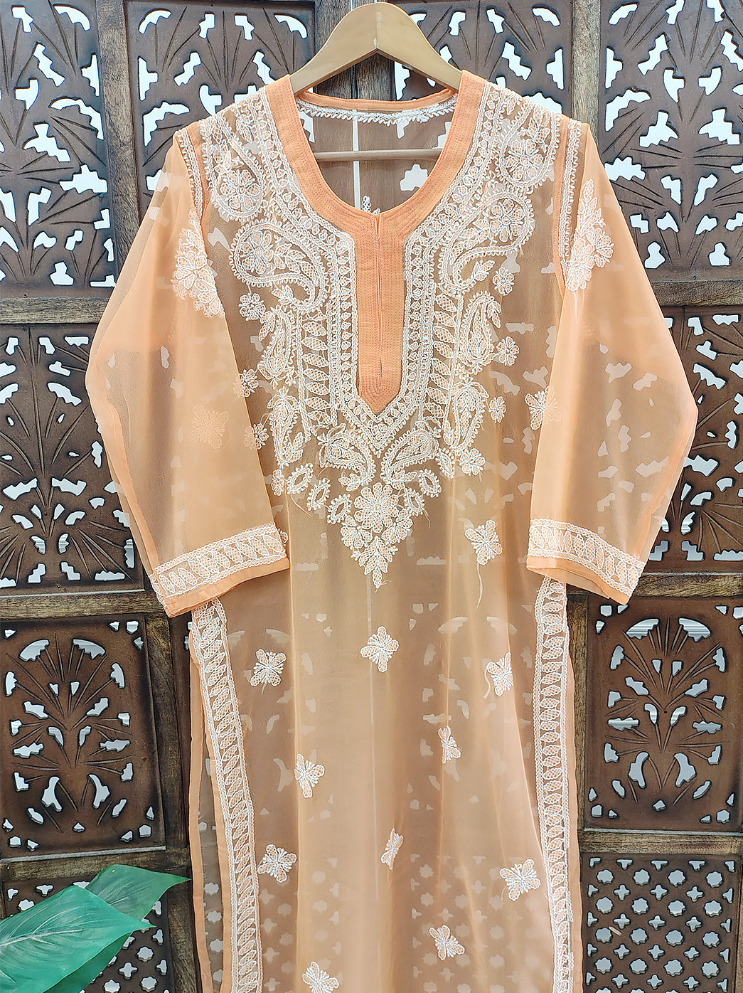 Peach Georgette Chikankari Straight Kurti