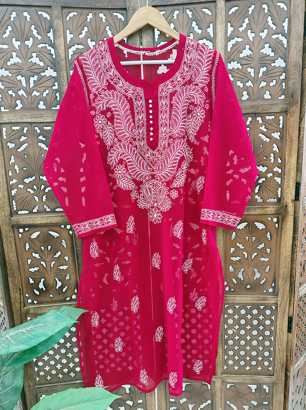 Red Georgette Chikankari Straight Kurti