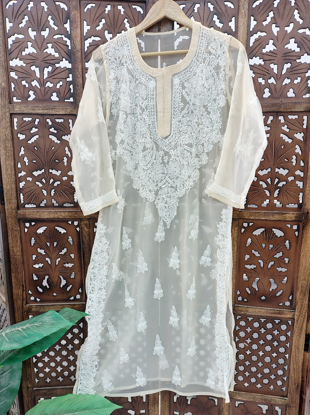 Beige Georgette Chikankari Straight Kurti
