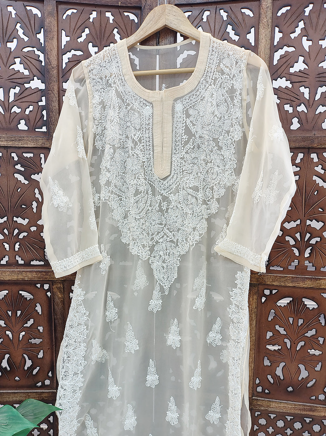 Beige Georgette Chikankari Straight Kurti