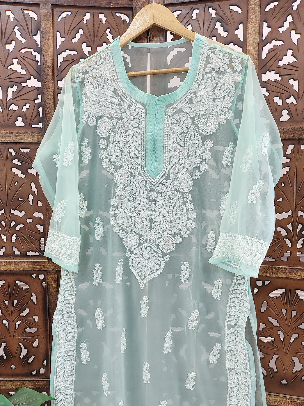 Sea Green Georgette Chikankari Straight Kurti
