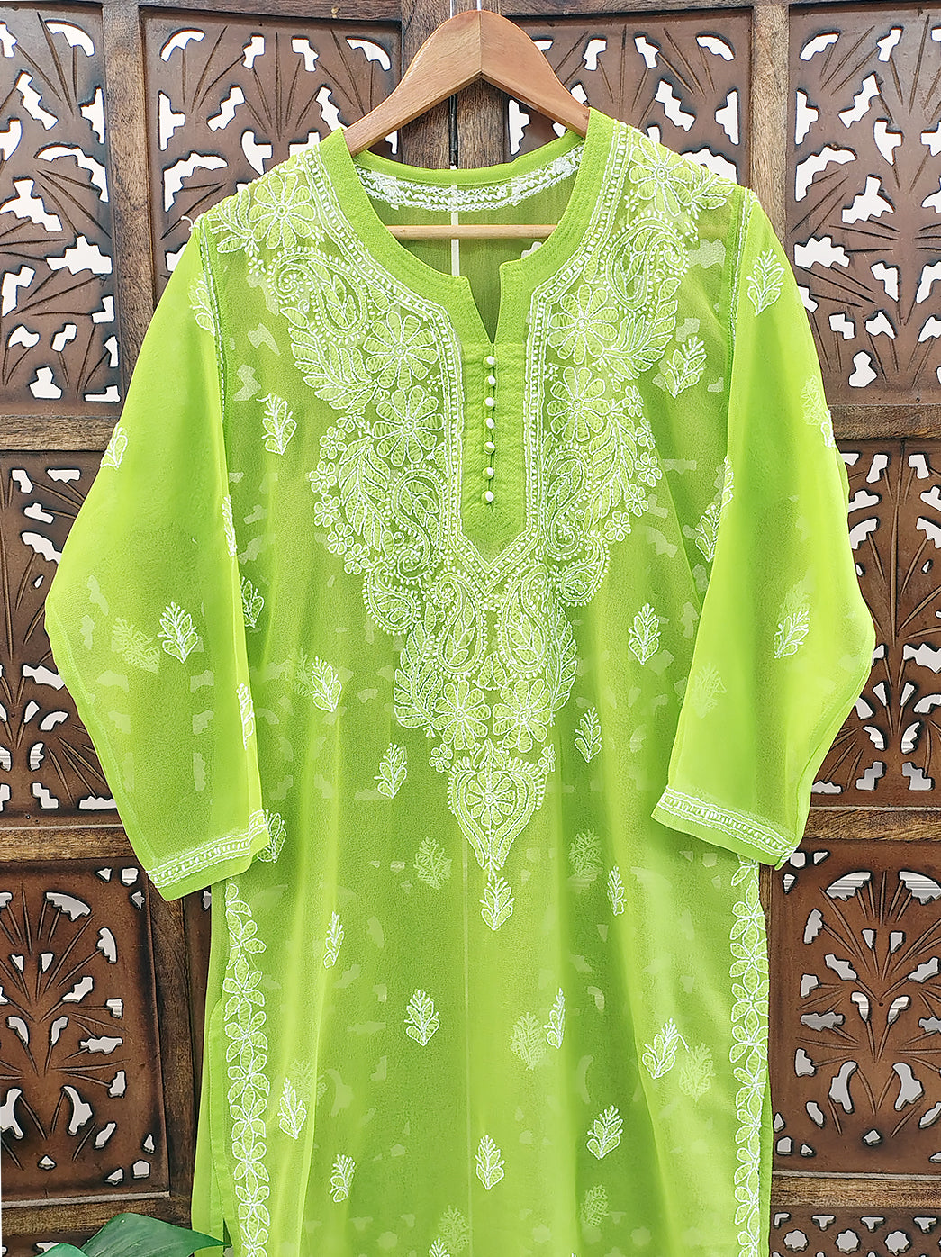 Pista Green Georgette Chikankari Straight Kurti