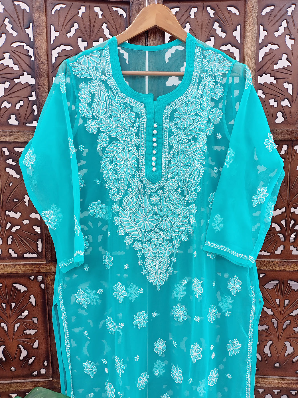Sea Green Georgette Chikankari Straight Kurti