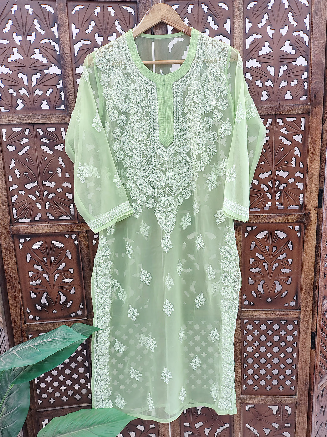 Green Georgette Chikankari Straight Kurti