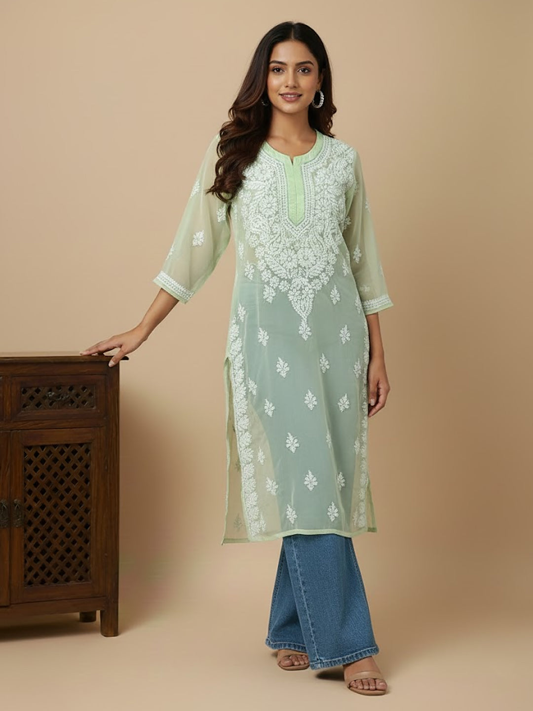 Green Georgette Chikankari Straight Kurti
