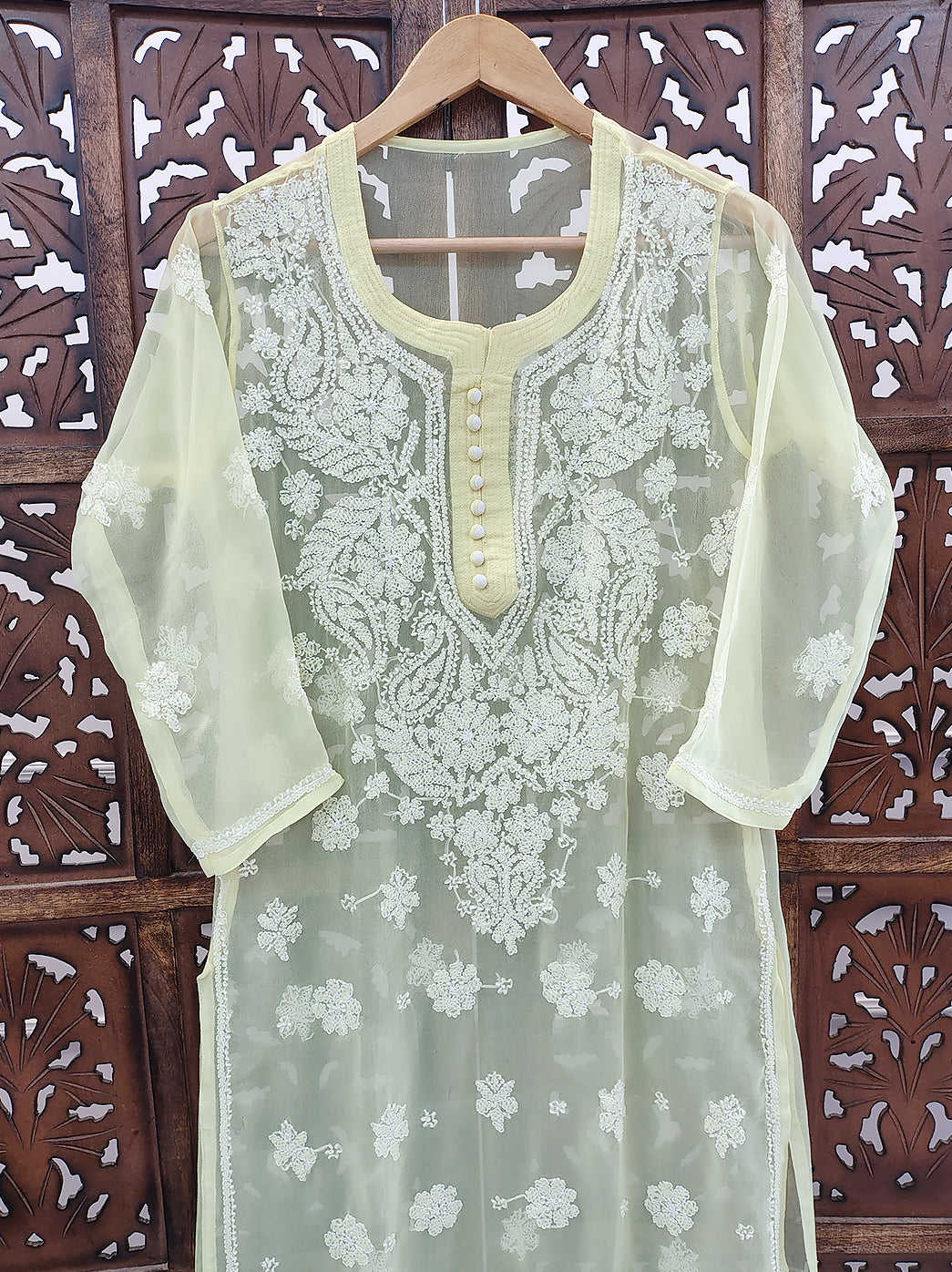 Lime Yellow Georgette Chikankari Straight Kurti