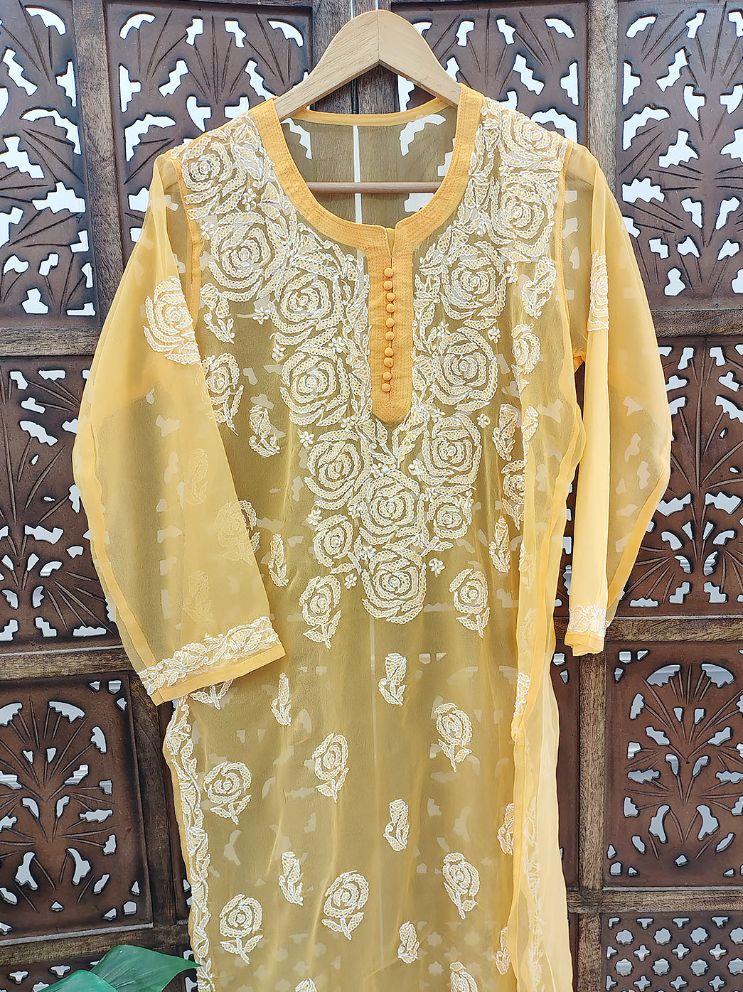 Yellow Georgette Chikankari Straight Kurti
