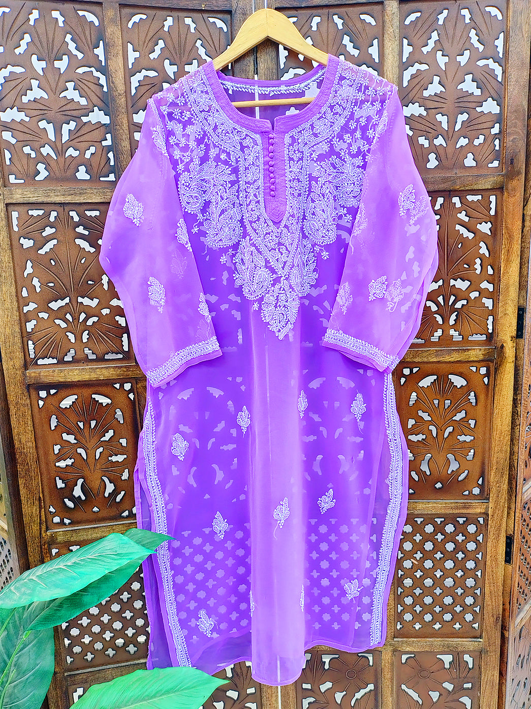 Lavender Georgette Chikankari Straight Kurti