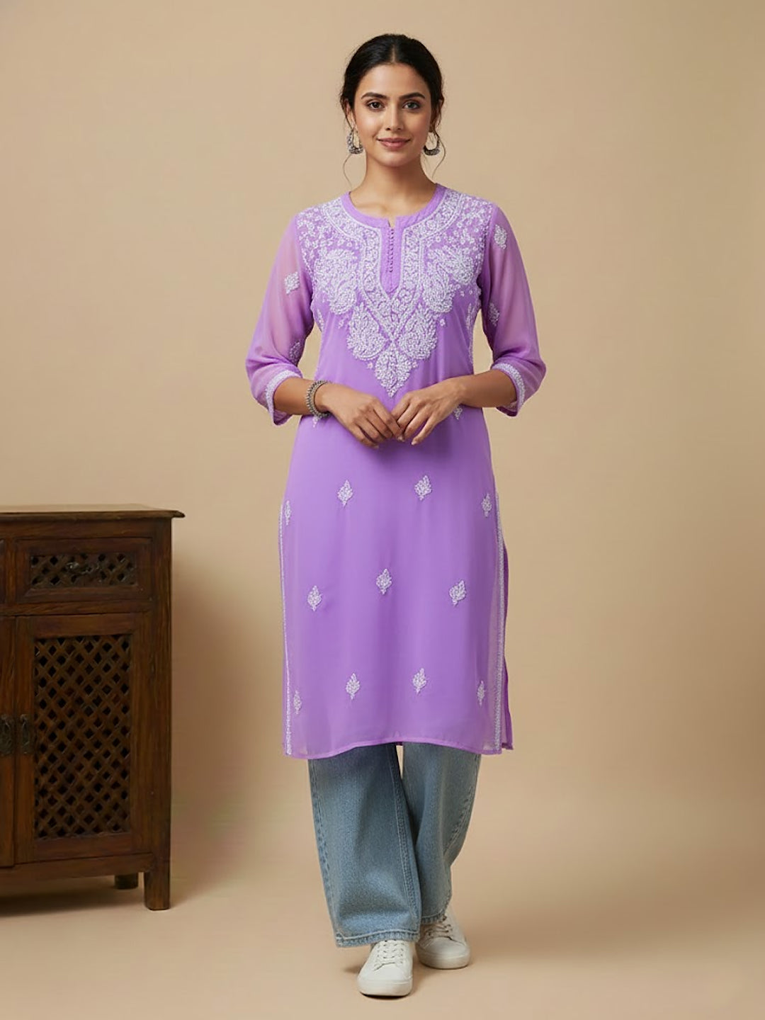 Lavender Georgette Chikankari Straight Kurti