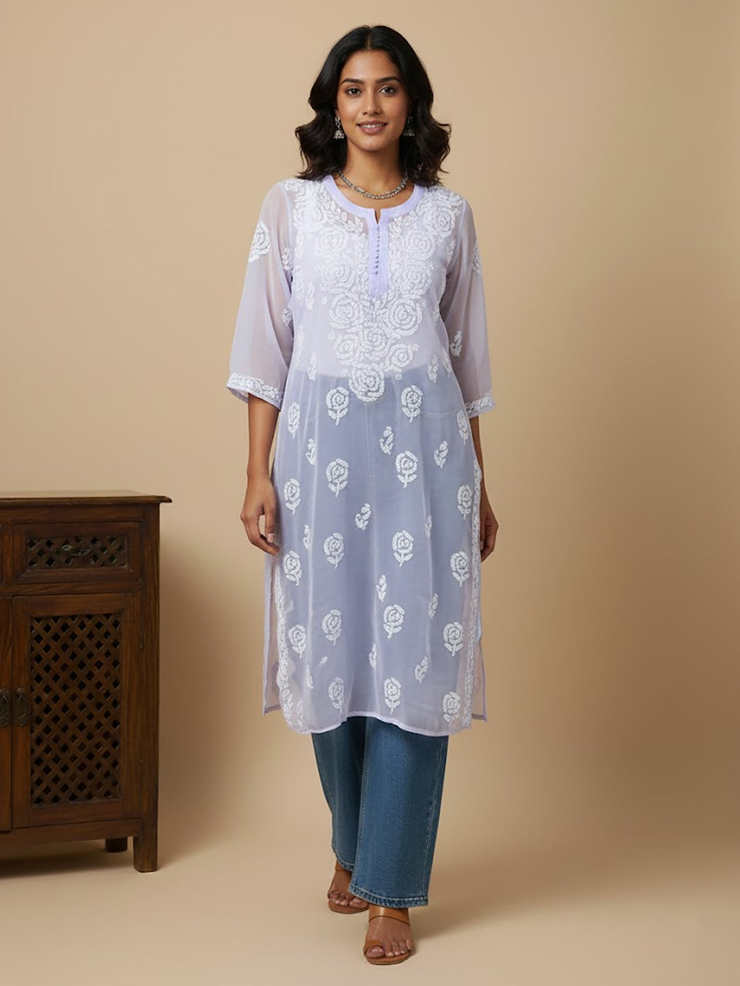 Lavender Georgette Chikankari Straight Kurti