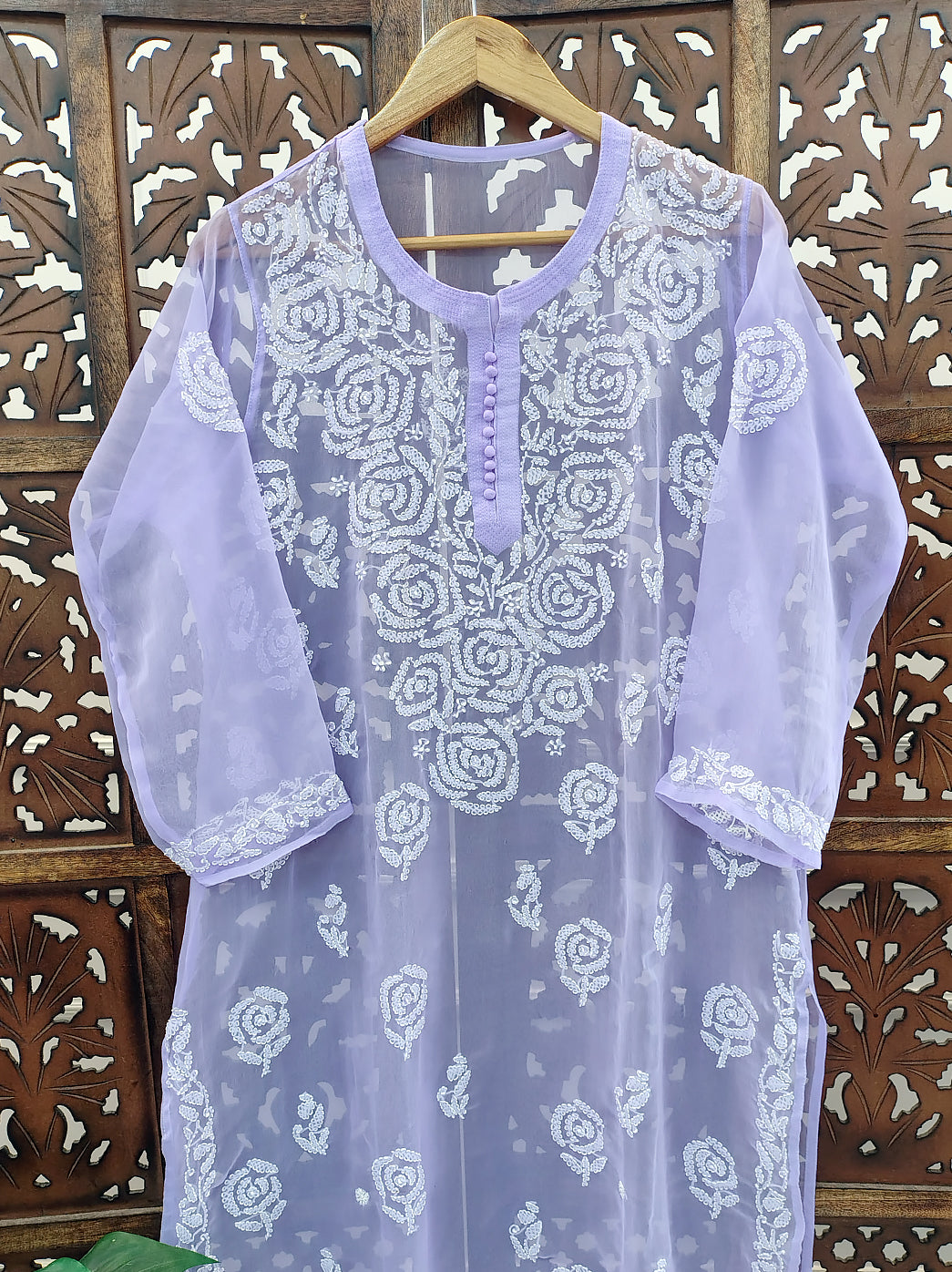 Lavender Georgette Chikankari Straight Kurti