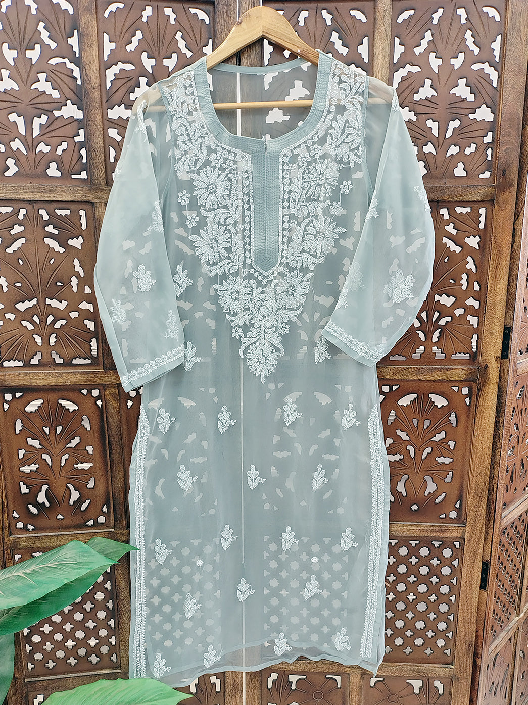 Grey Georgette Chikankari Straight Kurti