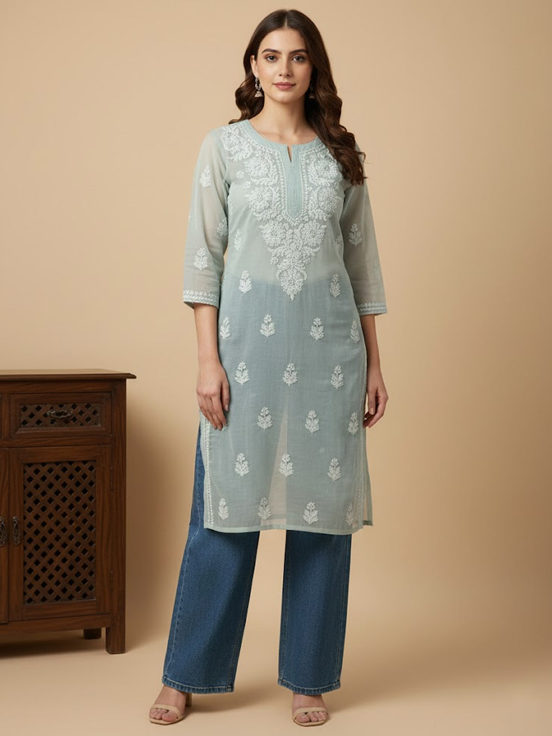 Grey Georgette Chikankari Straight Kurti