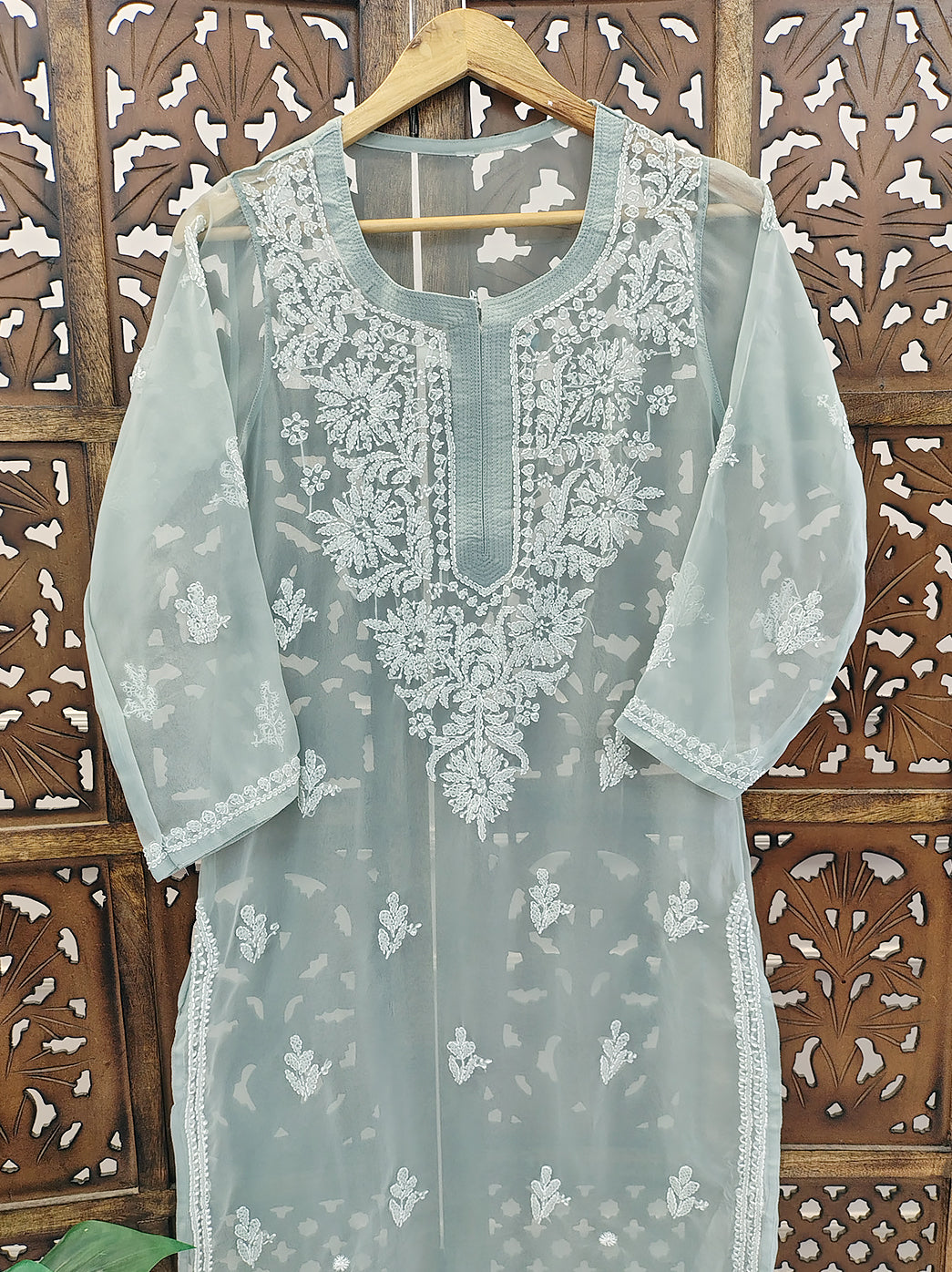 Grey Georgette Chikankari Straight Kurti