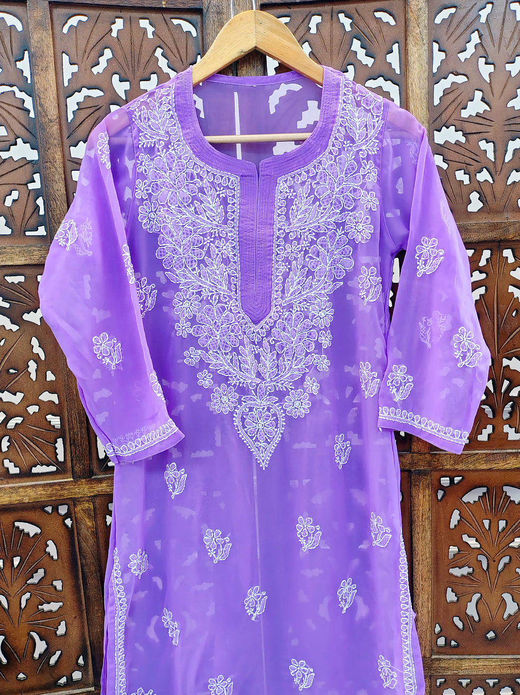 Lavender Georgette Chikankari Straight Kurti
