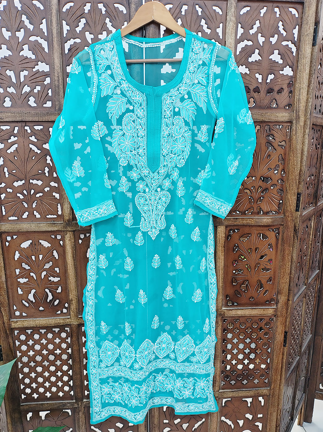 Sea Green Georgette Chikankari Straight Kurti