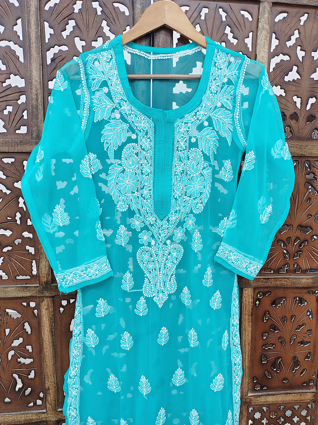 Sea Green Georgette Chikankari Straight Kurti
