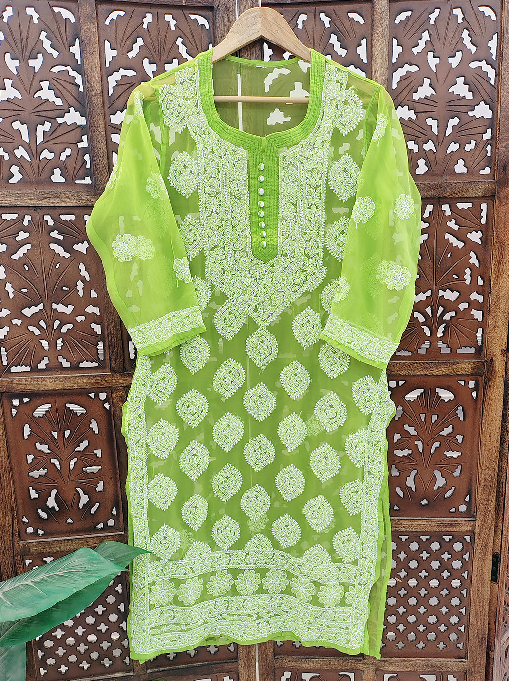Pista Green Georgette Chikankari Straight Kurti