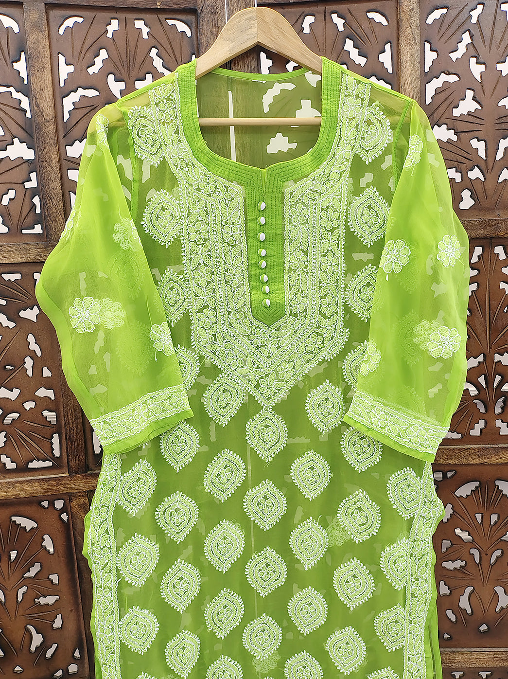 Pista Green Georgette Chikankari Straight Kurti