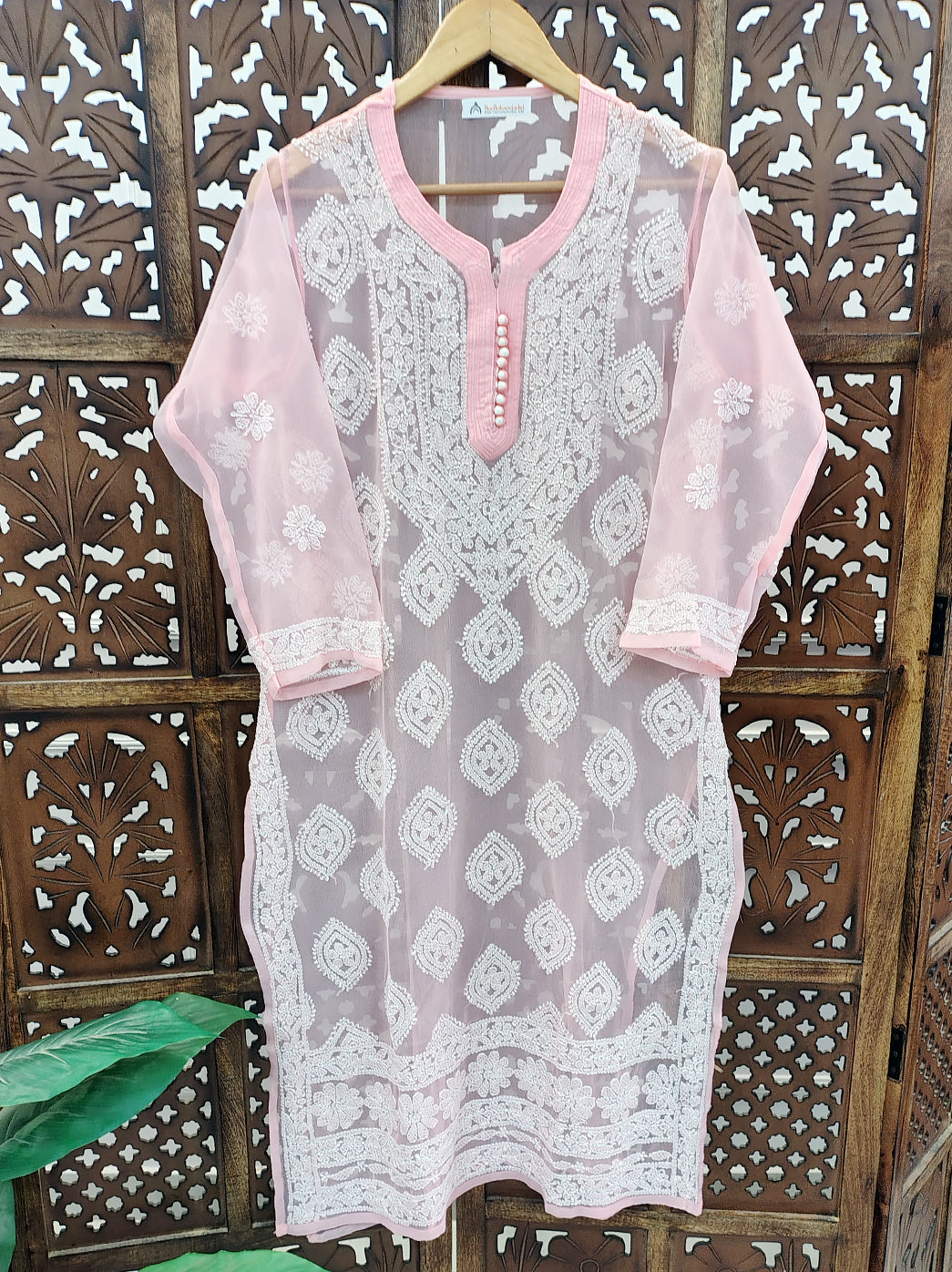 Peach Georgette Chikankari Straight Kurti