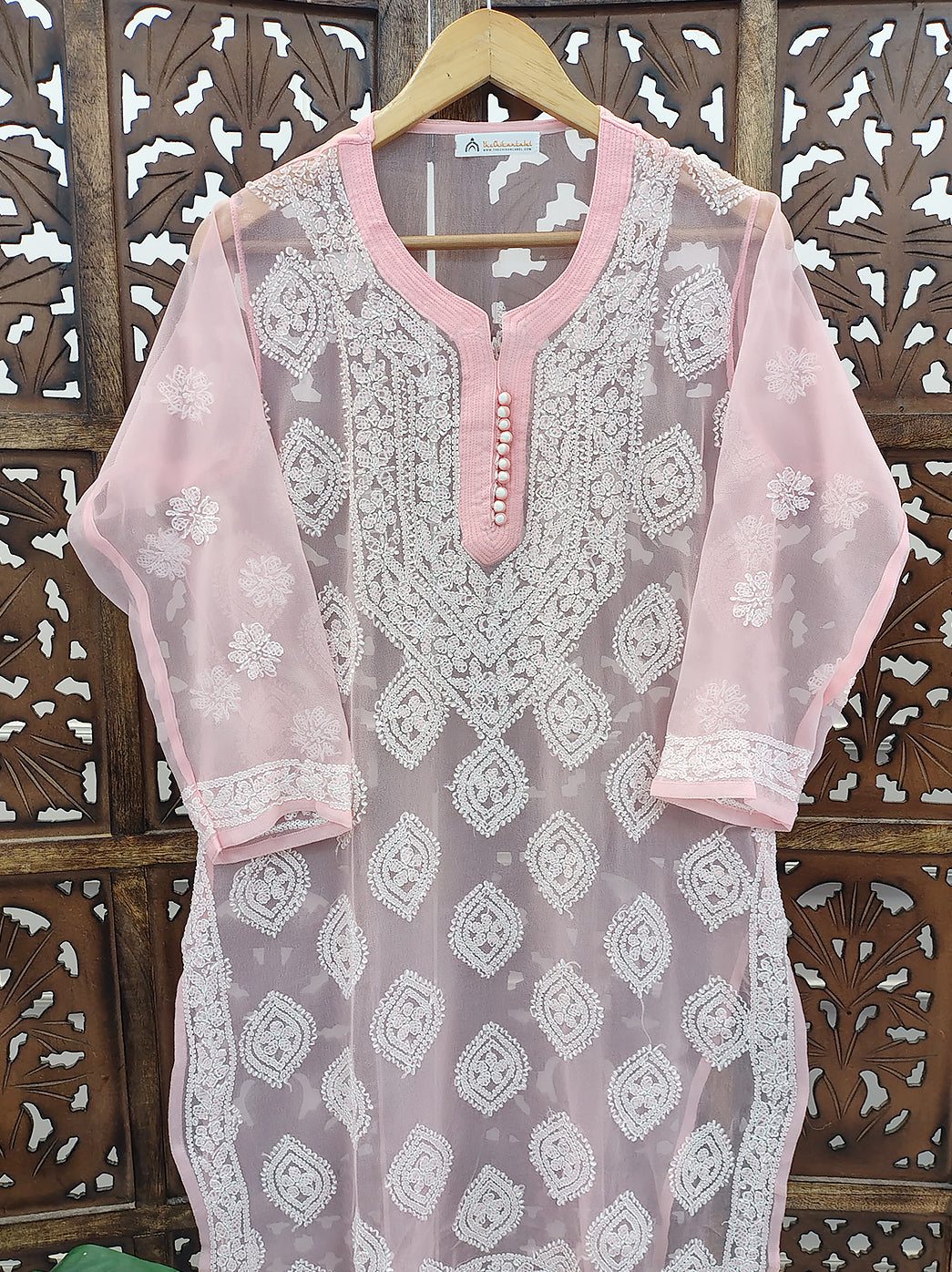 Peach Georgette Chikankari Straight Kurti