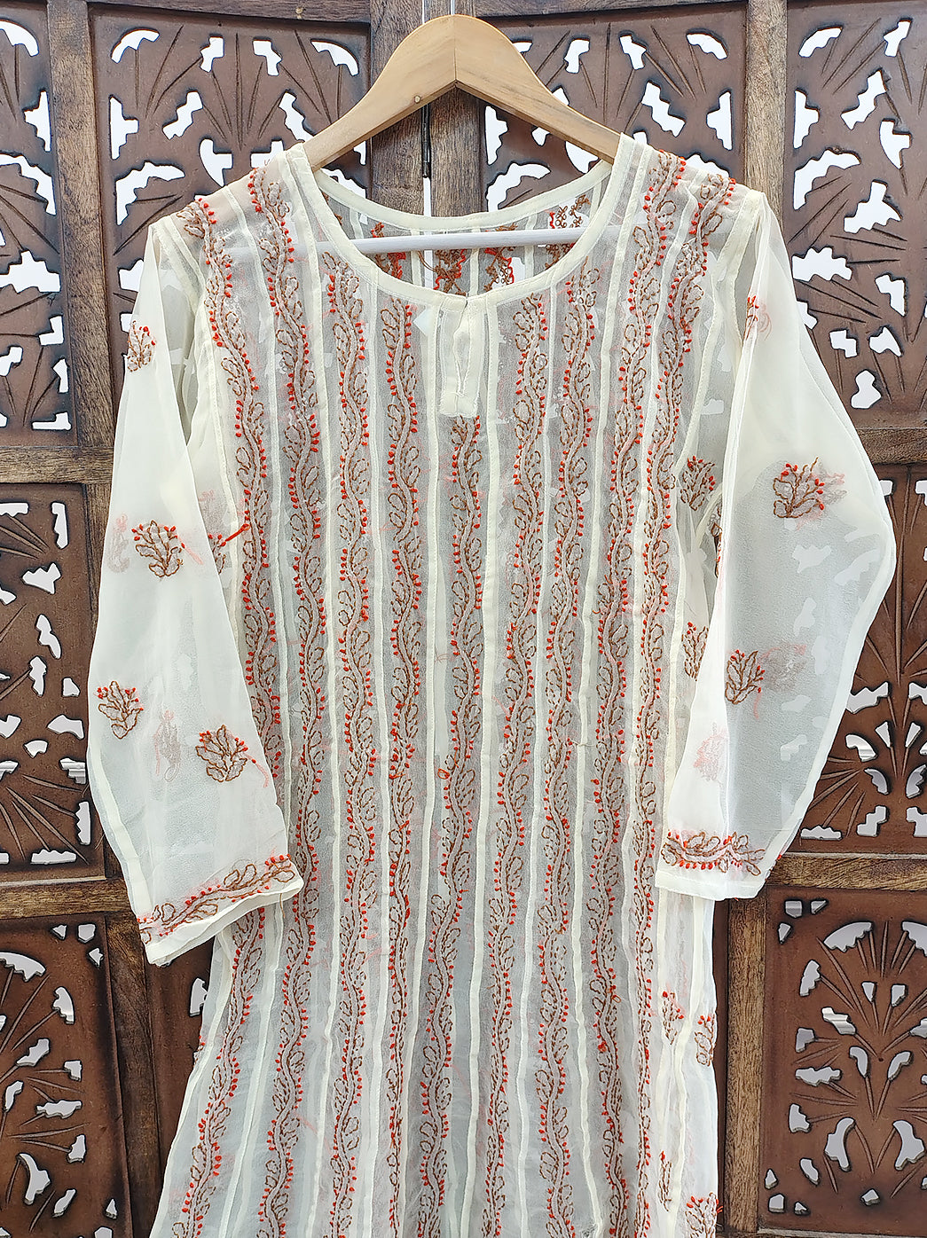 Beige Multi Georgette Chikankari Anarkali Kurti