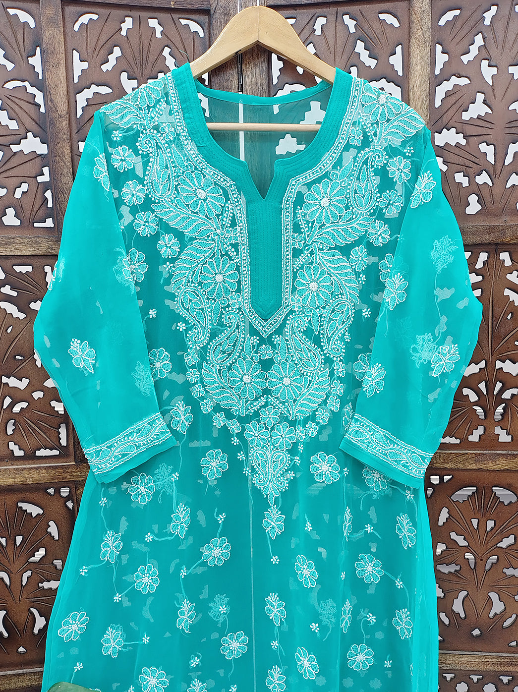 Sea Green Georgette A-Line Chikankari Kurti