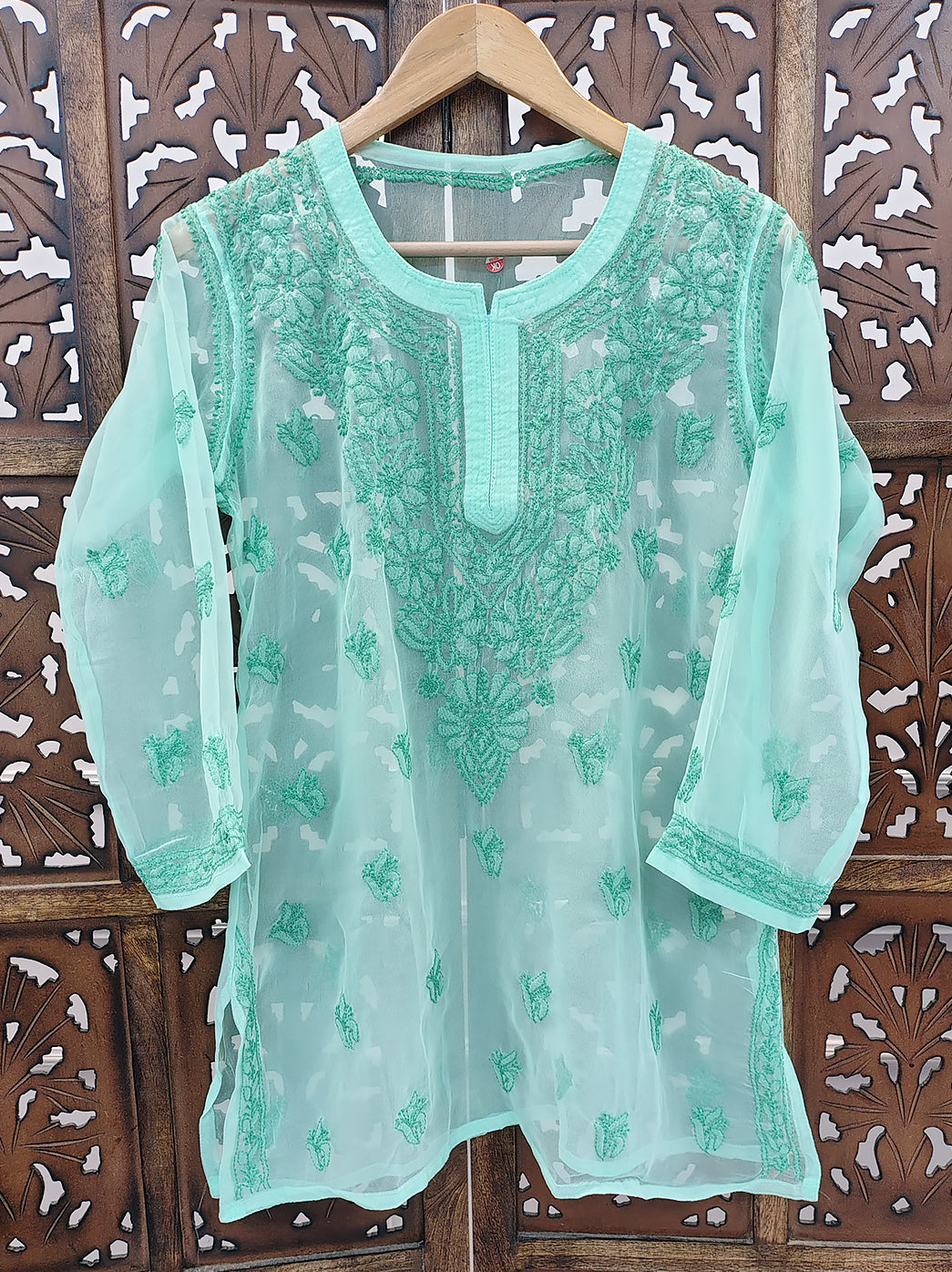 Green Georgette Chikankari Short Kurti