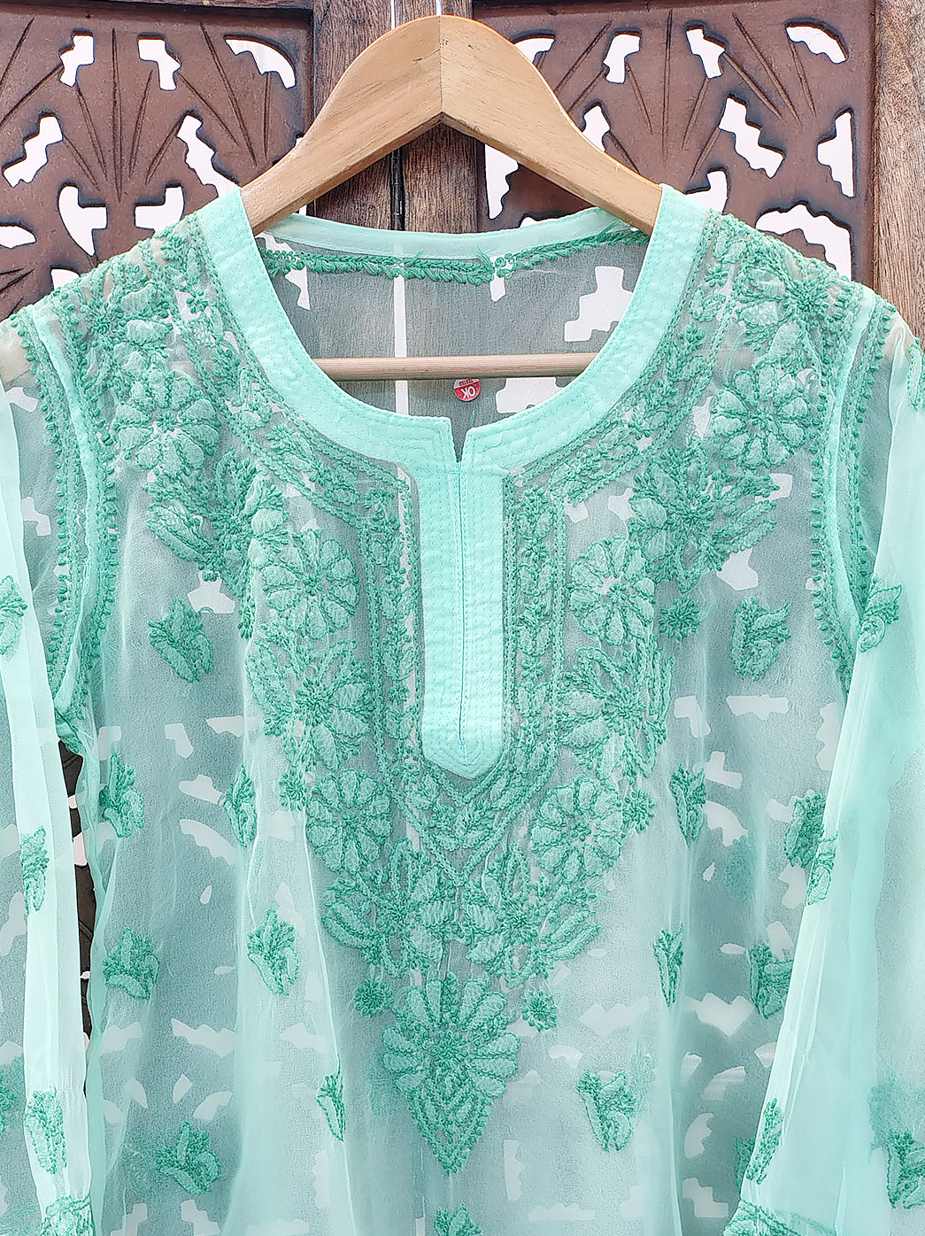 Green Georgette Chikankari Short Kurti
