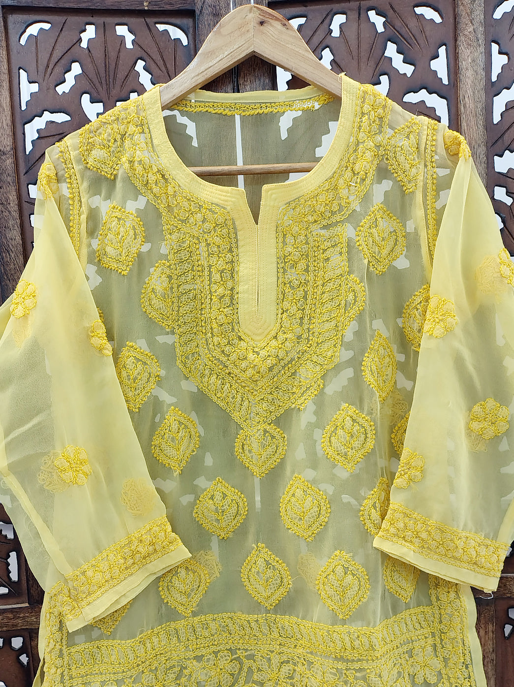 Yellow Georgette Chikankari Short Kurti