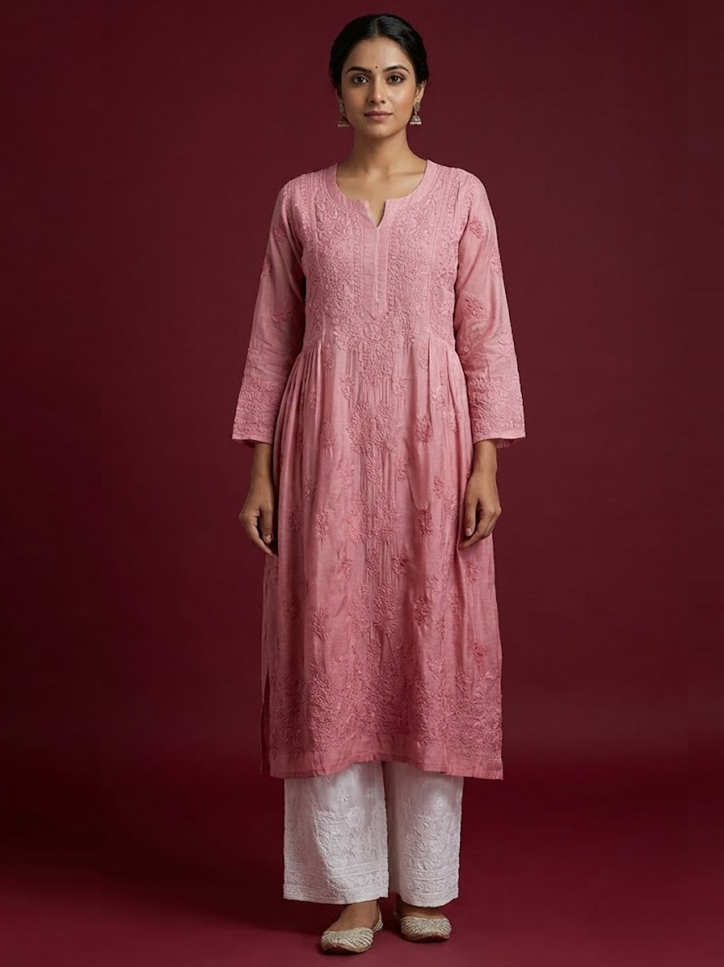 Rose Pink Muslin Chikankari A-Line Kurti