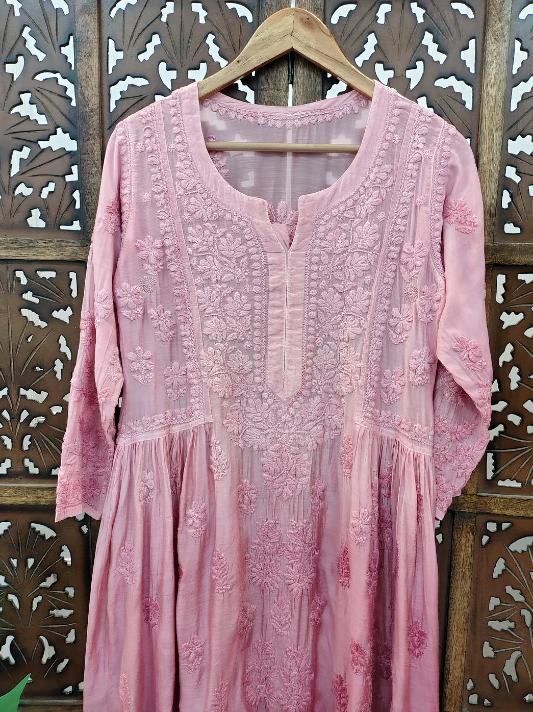 Rose Pink Muslin Chikankari A-Line Kurti