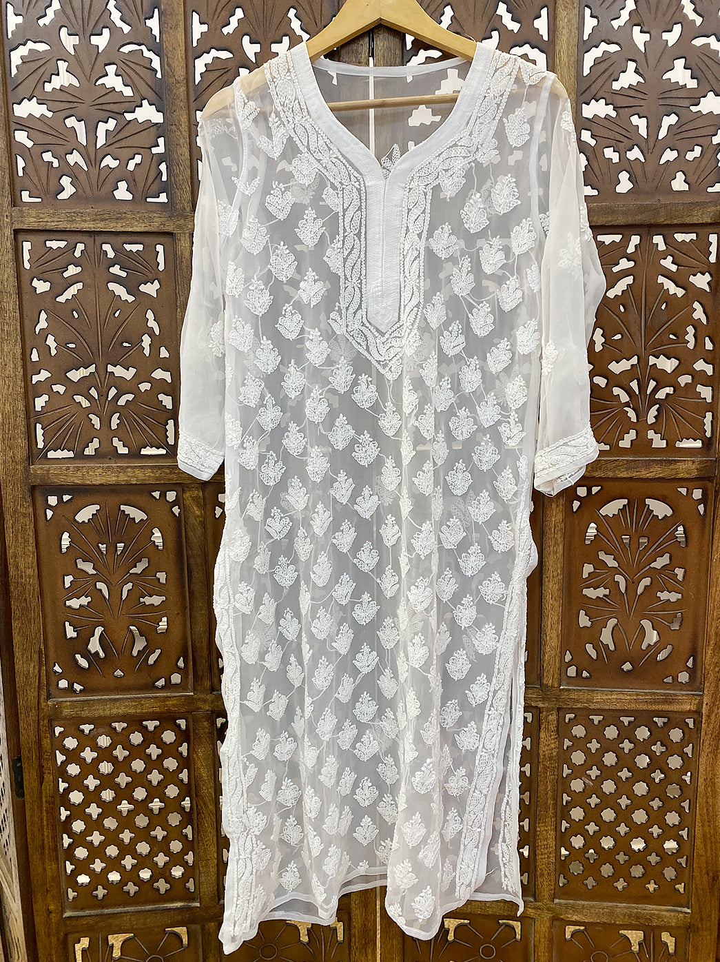 White Georgette Chikankari Straight Kurti