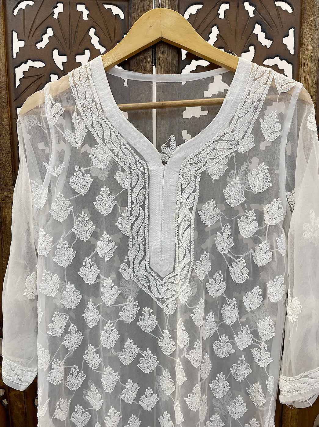White Georgette Chikankari Straight Kurti