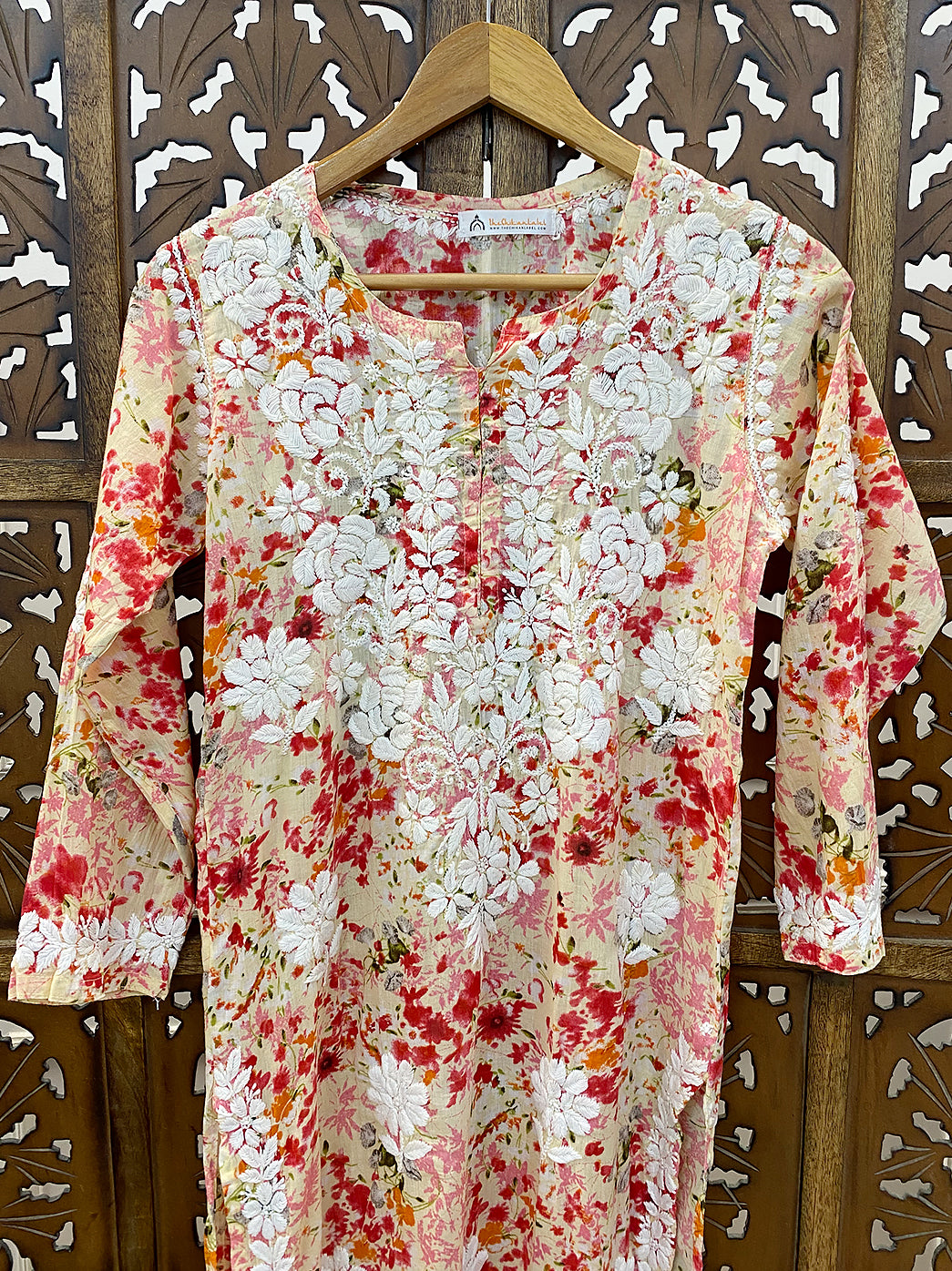 Peach Mulmul Printed Chikankari Straight Kurti