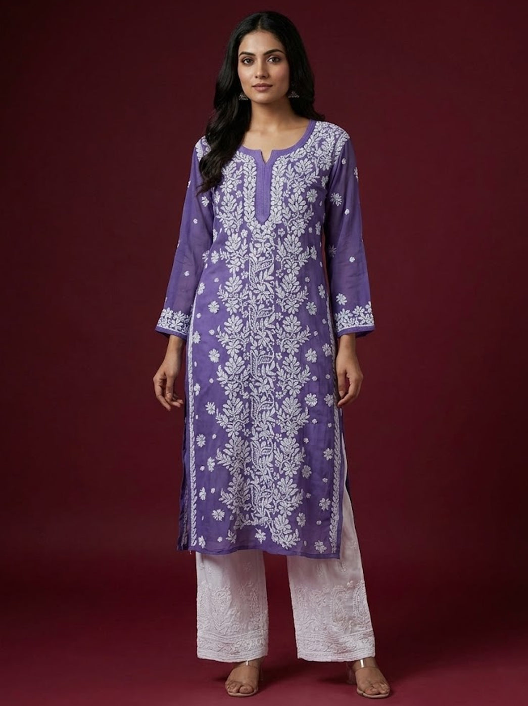 Purple Viscose Chikankari Straight Kurta