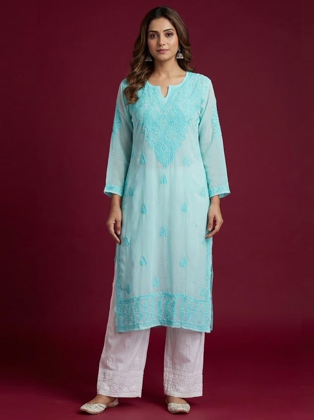 Sea Green Muslin Chikankari Straight Kurti