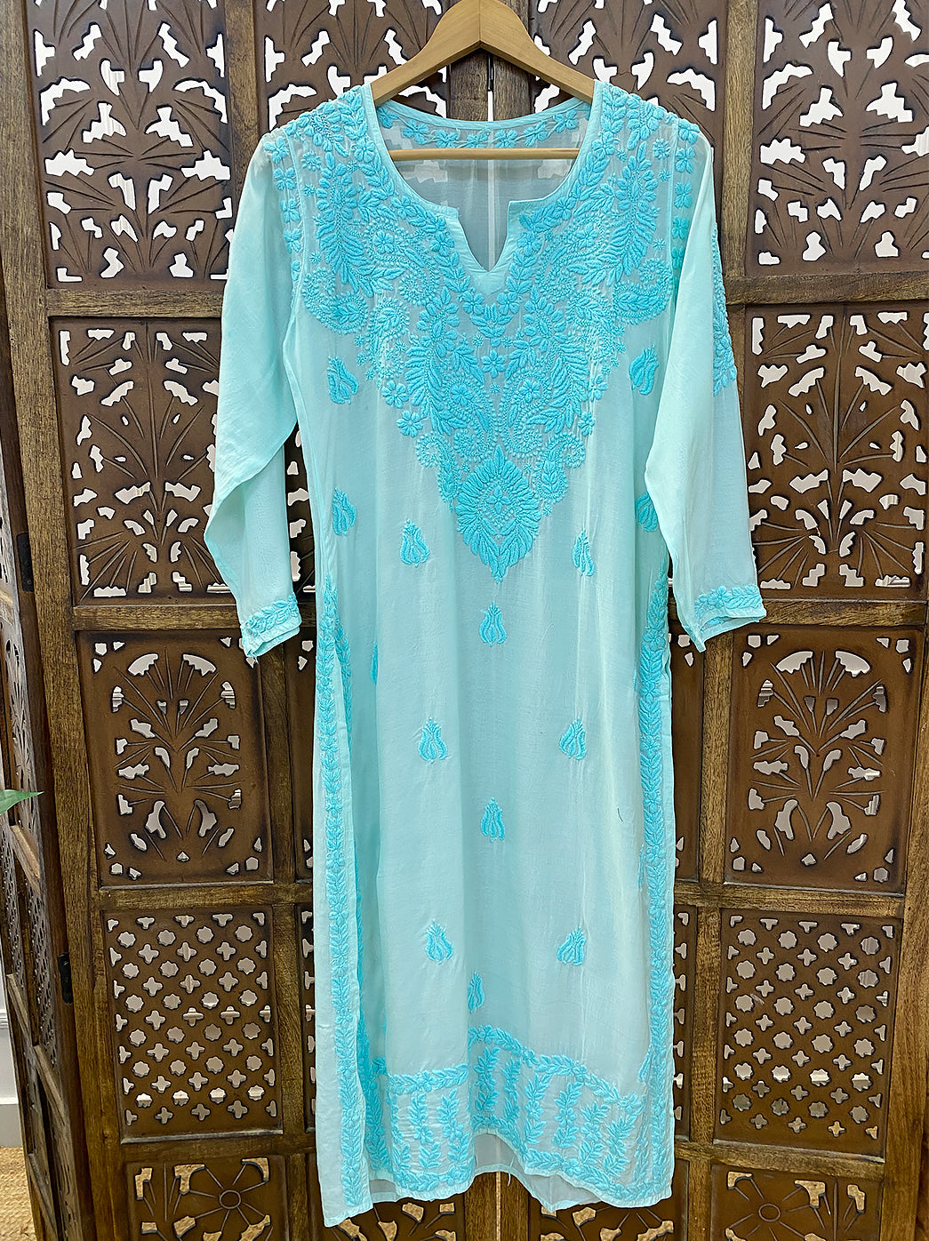 Sea Green Muslin Chikankari Straight Kurti
